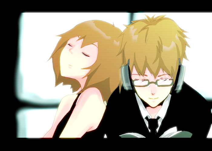 blonde_hair, book, closed_eyes, glasses, headphones, letterboxed, open_book, reading