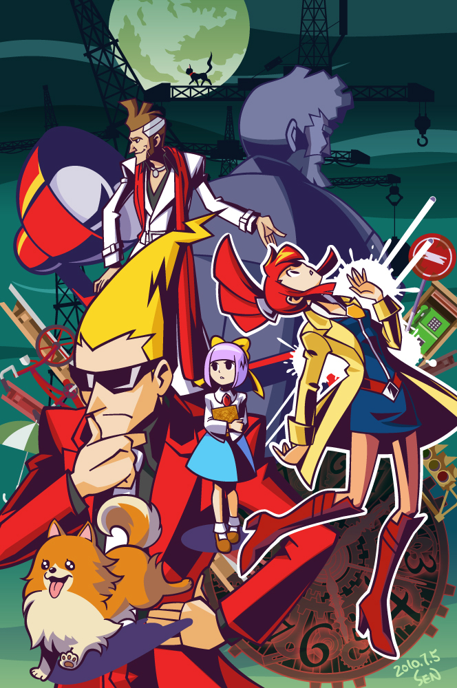 2girls, 3boys, blonde_hair, boots, cat, cat_(ghost_trick), dog, formal_clothes, ghost_trick, grey_hair, jacket, jowd, cabanela, kamila_(ghost_trick), lynne_(ghost_trick), missile_(ghost_trick), multicolored_hair, multiple_boys, multiple_girls, orange_hair, ponytail, ray_(ghost_trick), scarf, sen_(pixiv111638), sen_(sen69), sissel_(ghost_trick), suit, sunglasses, two-tone_hair, white_hair