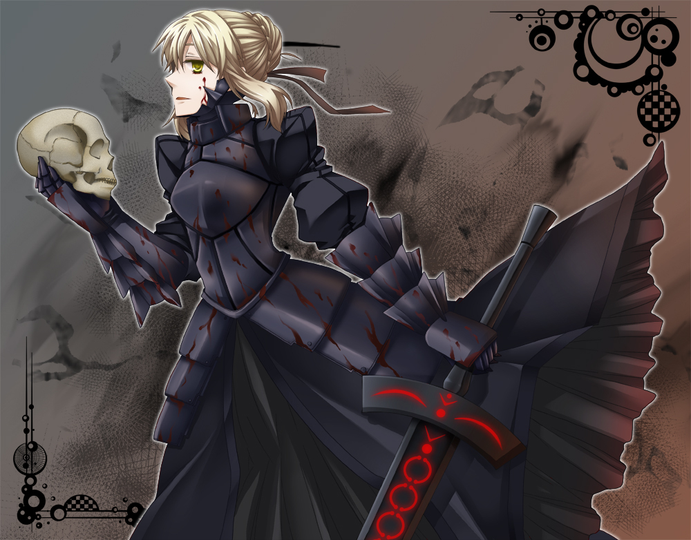 1girl, armor, armored_dress, artoria_pendragon_(fate), blonde_hair, blood, blood_on_face, dress, excalibur_morgan_(fate), fate/stay_night, fate_(series), female_focus, gauntlets, hair_bun, hair_ribbon, mugomumu, profile, ribbon, saber_(fate), saber_alter, saber_alter_(fate/stay_night), short_hair, single_hair_bun, skull, solo, sword, type-moon, weapon, yellow_eyes