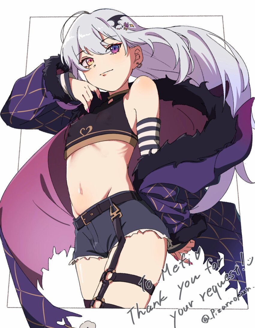 1boy, bare_shoulders, belt, black_shorts, bulge, commentary_request, commission, covered_erect_nipples, cowboy_shot, crop_top, cutoffs, detached_sleeves, earrings, english_text, eyes_visible_through_hair, fur-trimmed_jacket, fur_trim, grey_hair, groin, hair_between_eyes, hair_ornament, heterochromia, highres, indie_virtual_youtuber, jacket, jewelry, long_hair, long_sleeves, looking_at_viewer, male_focus, mefelis_hex, midriff, nail_polish, navel, o-ring, o-ring_thigh_strap, pink_nails, pizarrokun, purple_eyes, short_shorts, shorts, solo, thigh_strap, trap, twitter_username, very_long_hair, virtual_youtuber, wing_hair_ornament, yellow_eyes