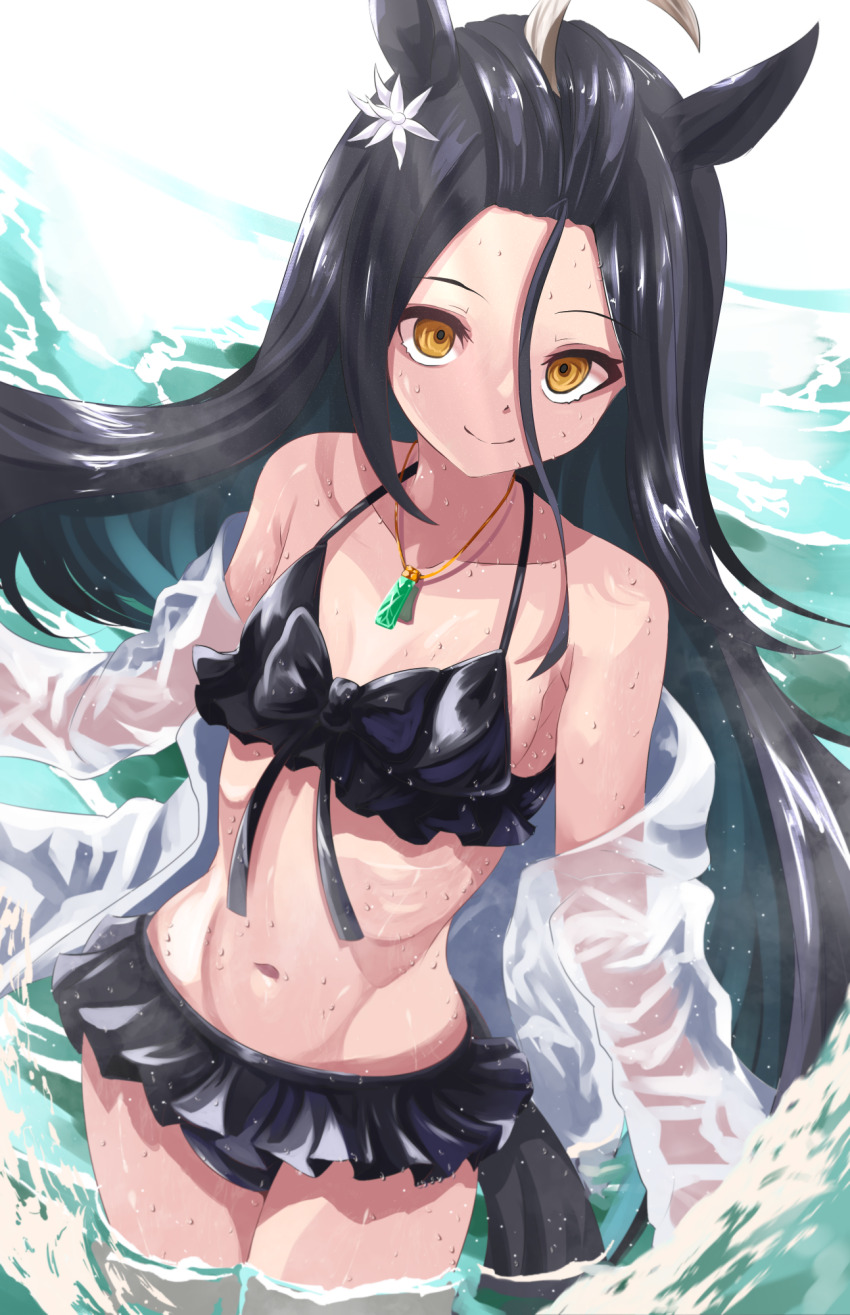 1girl, ahoge, animal_ears, bare_shoulders, bikini, black_bikini, black_hair, breasts