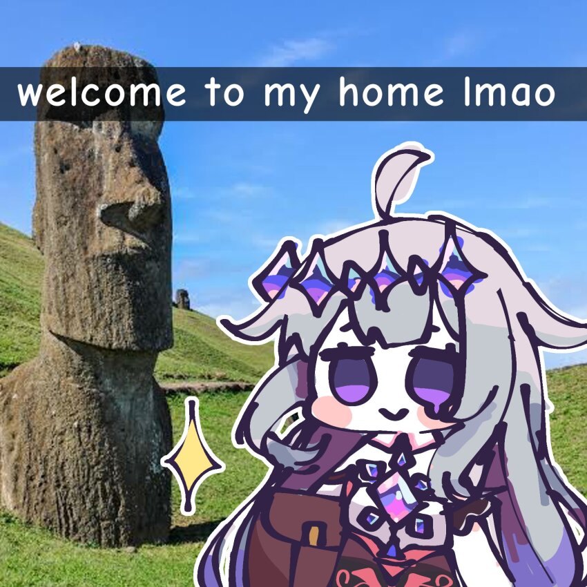 1girl, :>, bag, brooch, closed_mouth, crown, dress, easter_island