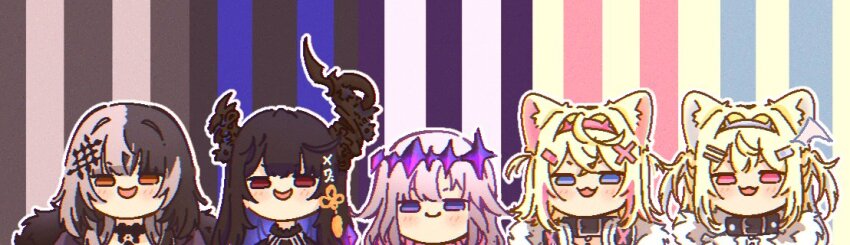 5girls, animal_ears, black_hair, blonde_hair, blush, chibi, closed_mouth, dog_ears