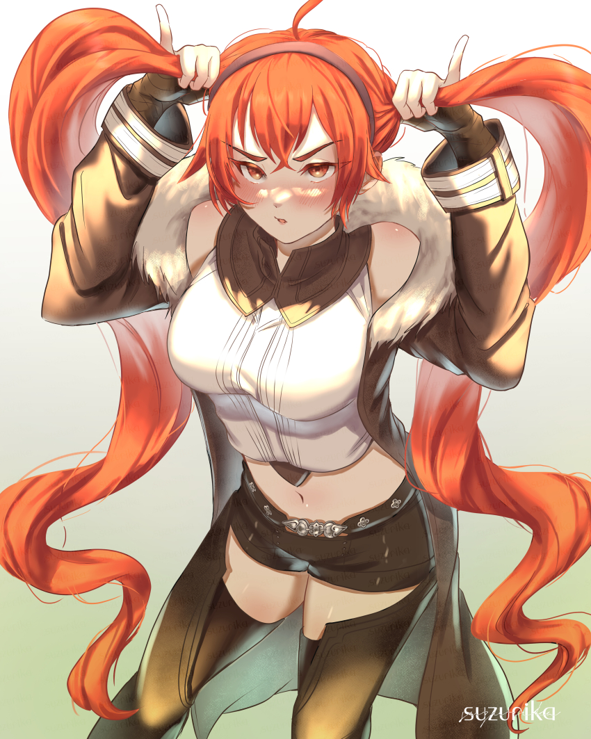 1girl, absurdres, ahoge, alternate_hairstyle, artist_name, black_gloves, blush, boots, breasts, bunching_hair, commentary_request, cropped_shirt, crossed_bangs, eris_greyrat, fingerless_gloves, fur-trimmed_collar, fur_trim, gloves, gradient_background, hair_between_eyes, half-closed_eyes, headband, highres, large_breasts, long_coat, long_hair, looking_at_viewer, midriff, mushoku_tensei, navel, pinky_out, red_eyes, red_hair, shirt, solo, suzurika26, thigh_boots, thighhighs, twintails, white_shirt