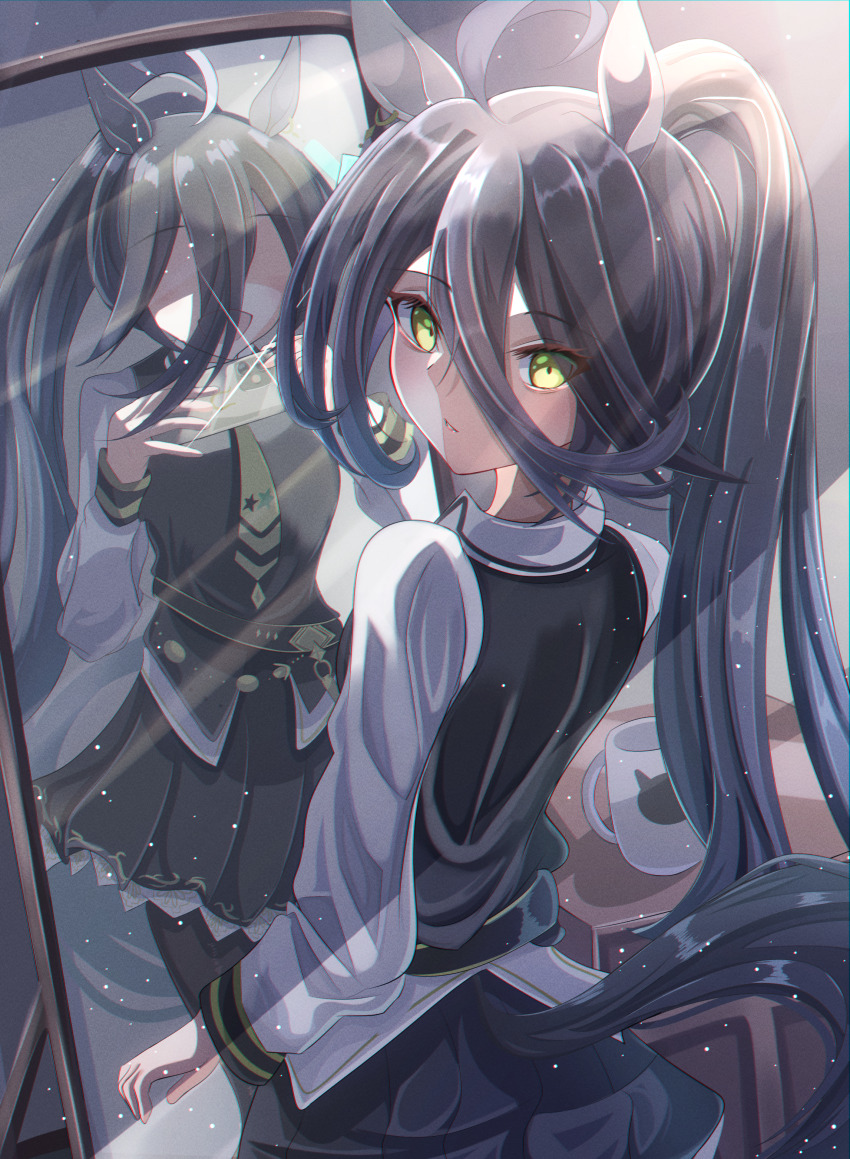 2girls, absurdres, ahoge, alternate_hairstyle, animal_ears, animal_print, black_hair, black_pantyhose