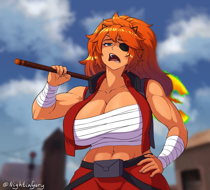 abs, axe, bandages, battle_axe, blue_eyes, eyepatch, fire, green_fire