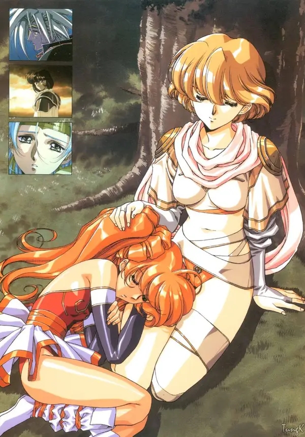 bikini_briefs, crop_top, lap_pillow, langrisser, langrisser_iii, leotard, male_underwear, midriff, sleeping, sophia_(langrisser), stroking_hair, thighs, tiaris_(langrisser), urushihara_satoshi