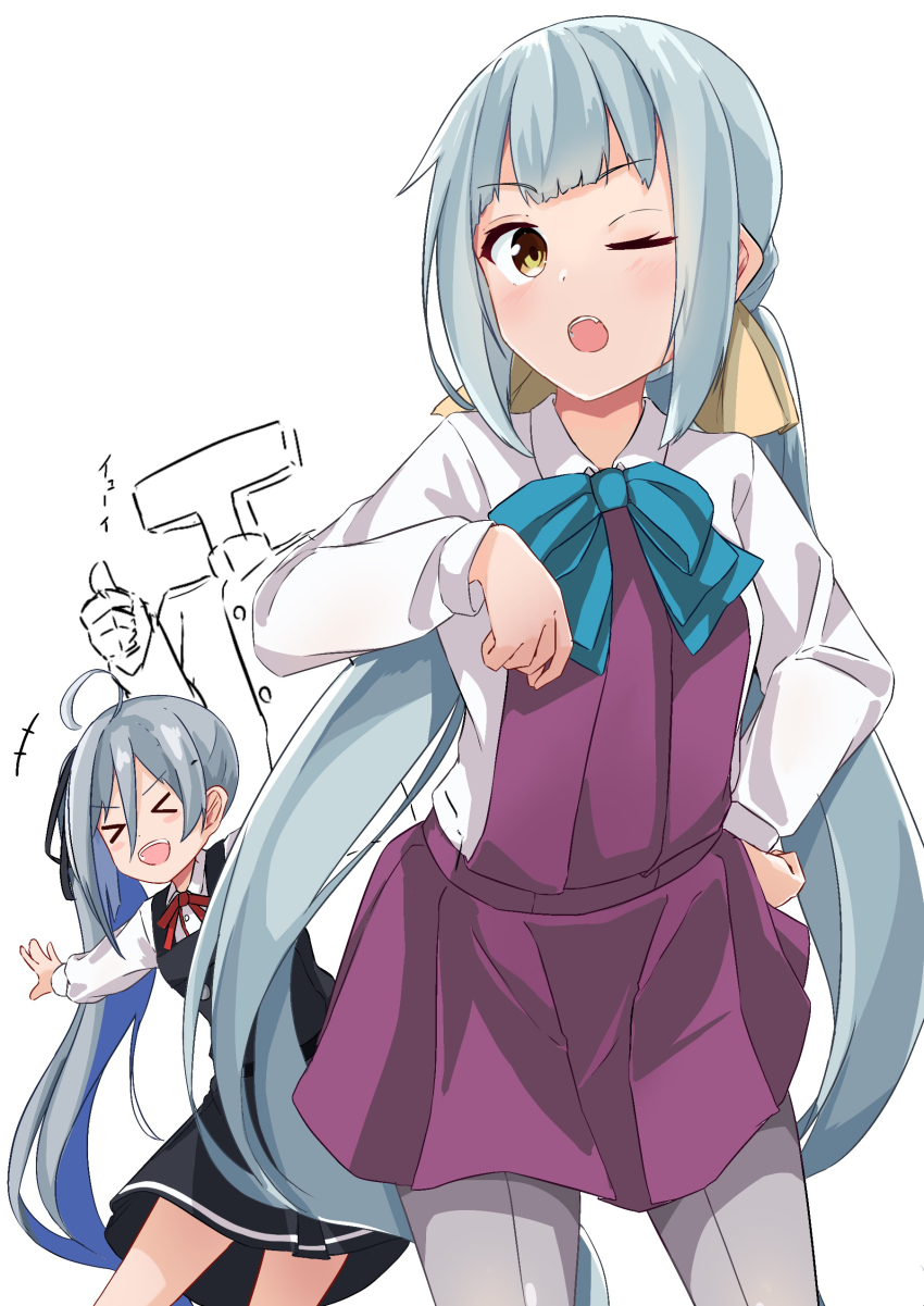 2girls, absurdres, ahoge, alternate_hairstyle, aqua_bow, aqua_bowtie, black_ribbon, bow