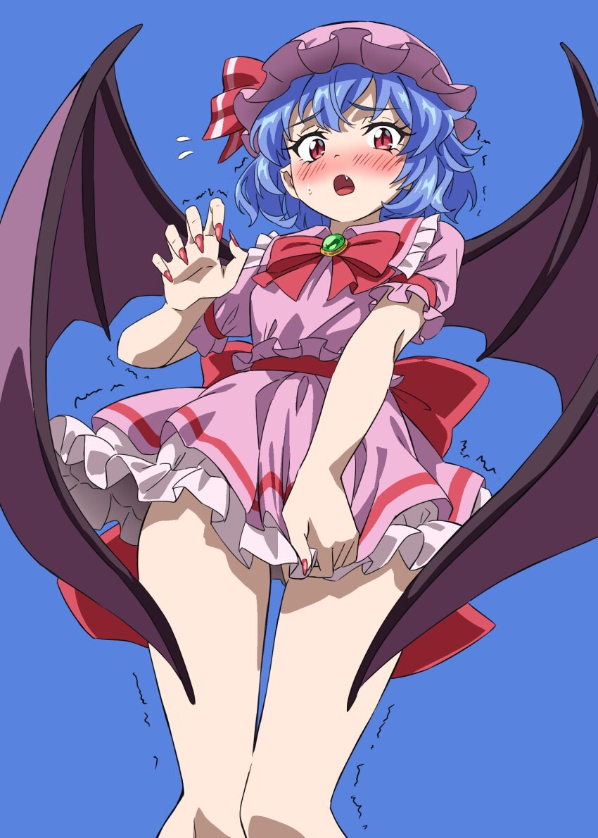 1girl, alternate_skirt_length, bat_wings, blue_background, blue_hair, brooch, clothes_pull, cowboy_shot, embarrassed, embodiment_of_scarlet_devil, fang, frilled_skirt, frilled_sleeves, frills, from_below, gluteal_fold, gyouza_(mhea5724), hat, highres, jewelry, miniskirt, mob_cap, open_mouth, petticoat, red_eyes, remilia_scarlet, short_hair, short_sleeves, skirt, skirt_tug, solo, touhou, trembling, wings