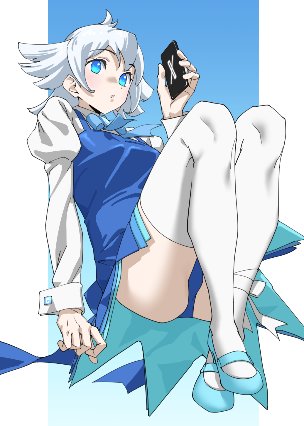 1girl, ass, blue_background, blue_bow, blue_bowtie, blue_dress, blue_eyes, blue_panties