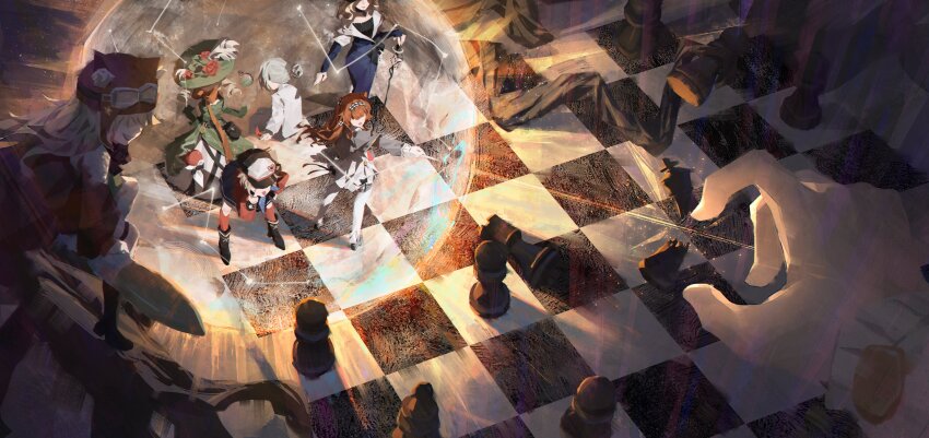 6+girls, absurdres, animal_ear_headwear, animal_ears, bishop_(chess), blonde_hair, blue_dress, breaking