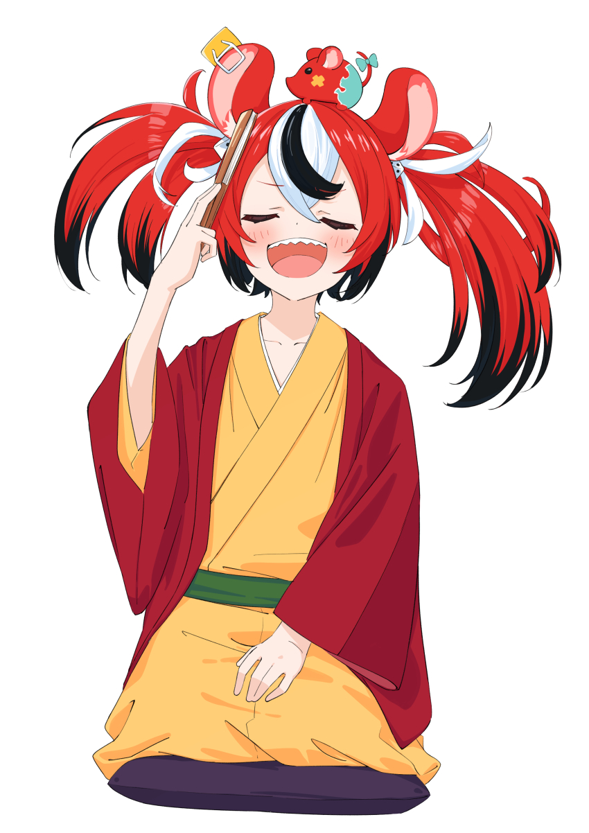 1girl, absurdres, animal_ears, buratei_marii, buratei_marii_(cosplay), closed_eyes, cosplay, folding_fan, hakos_baelz, hand_fan, haori, highres, hololive, hololive_english, inudaruma, japanese_clothes, joshiraku, kimono, mouse_ears, mouse_on_head, mr._squeaks_(hakos_baelz), rakugo, red_hair, seiza, sharp_teeth, sitting, teeth, virtual_youtuber, white_background, yellow_kimono