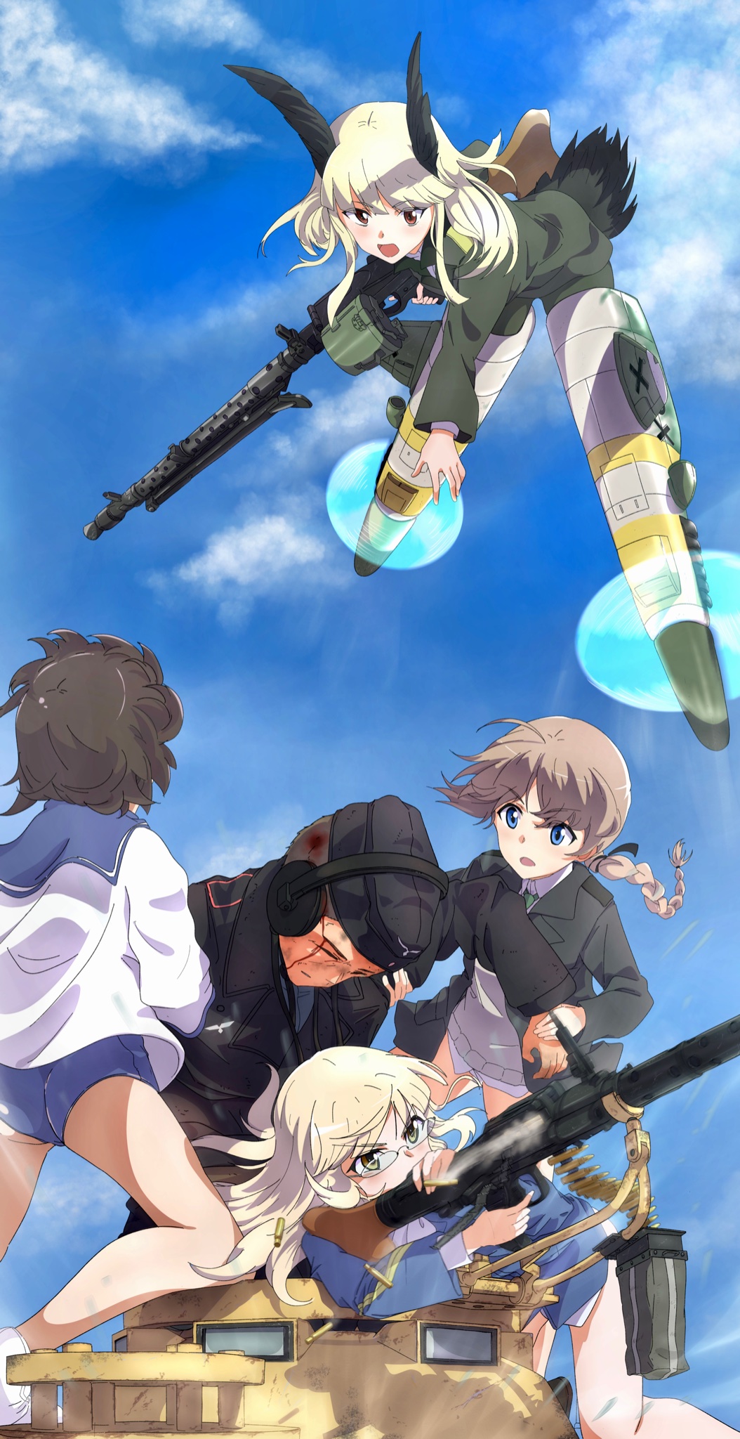 1boy, 4girls, animal_ears, bird_ears, bird_tail, blonde_hair, blood, blue_hair