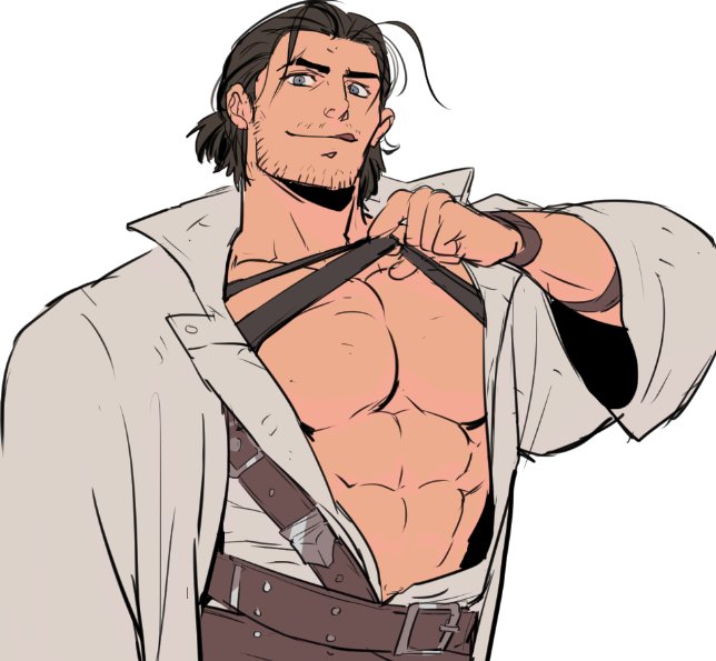1boy, :q, abs, adventurer_(ff14), bara, beard_stubble, belt, brown_hair