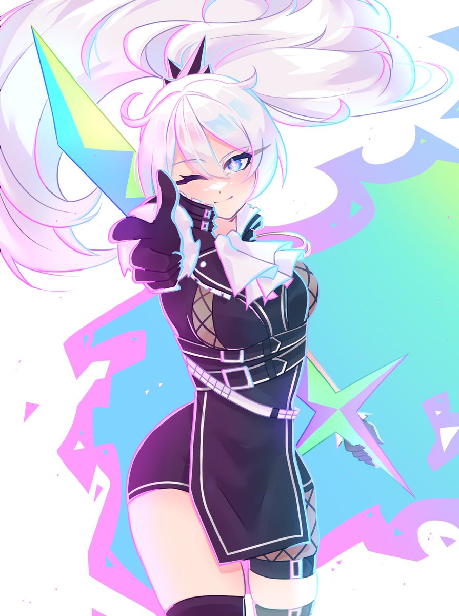 1girl, ahoge, artist_collaboration, belt, black_belt, black_gloves, black_thighhighs, breasts