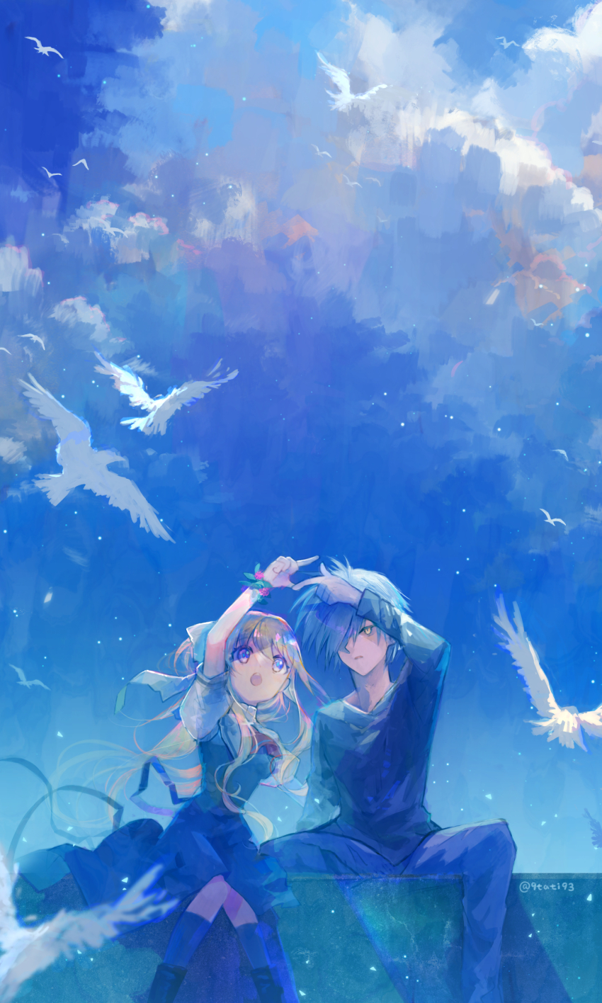 1boy, 1girl, :o, absurdres, air_(visual_novel), arm_up, bird, black_dress