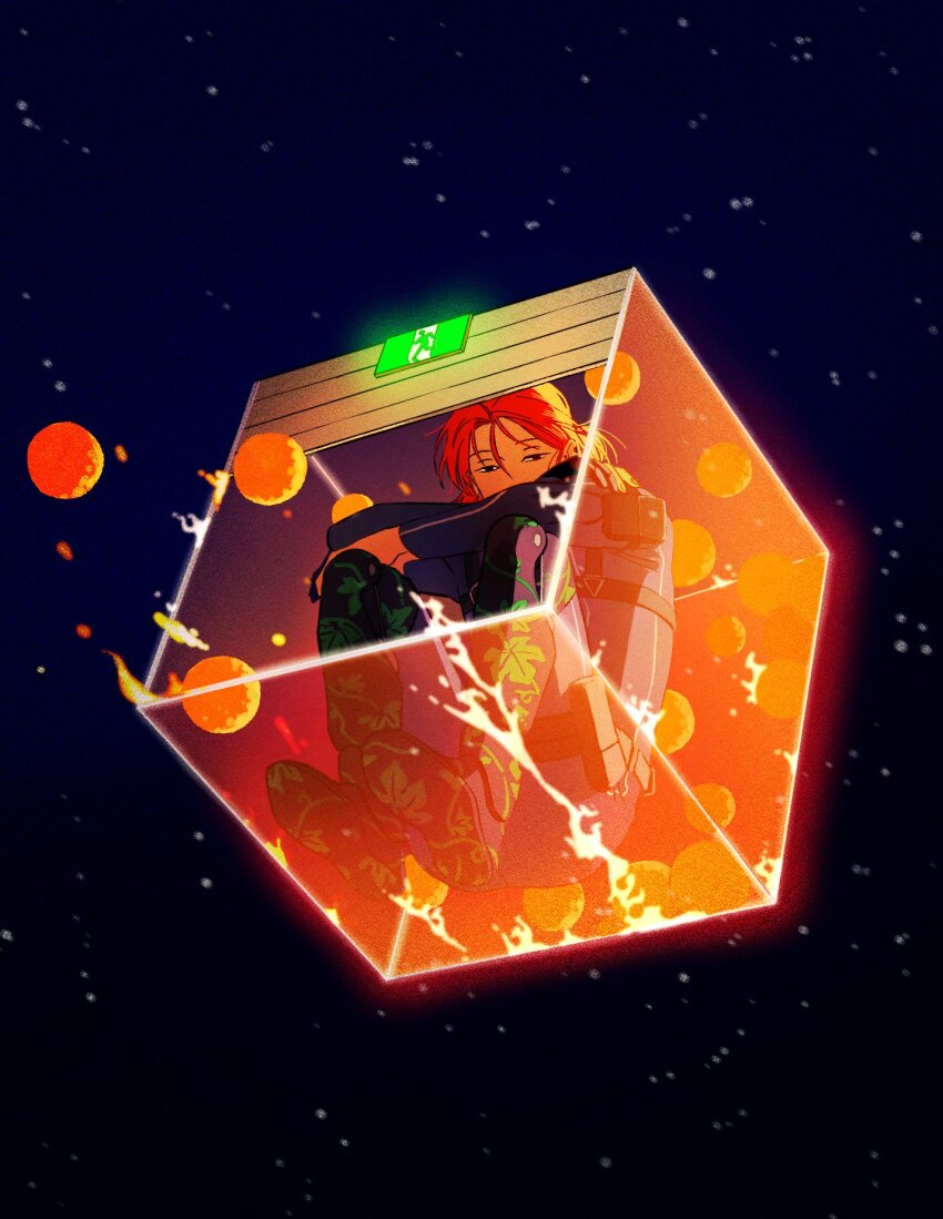 1boy, bodysuit, box, commentary_request, diving_suit, eoduun_badaui_deungbul-i_doeeo, fm_lat, food, from_below, fruit, highres, in_box, in_container, kim_jaehee, knees_up, korean_commentary, male_focus, orange_(fruit), prosthesis, prosthetic_fingers, prosthetic_leg, red_hair, sitting, solo, wetsuit