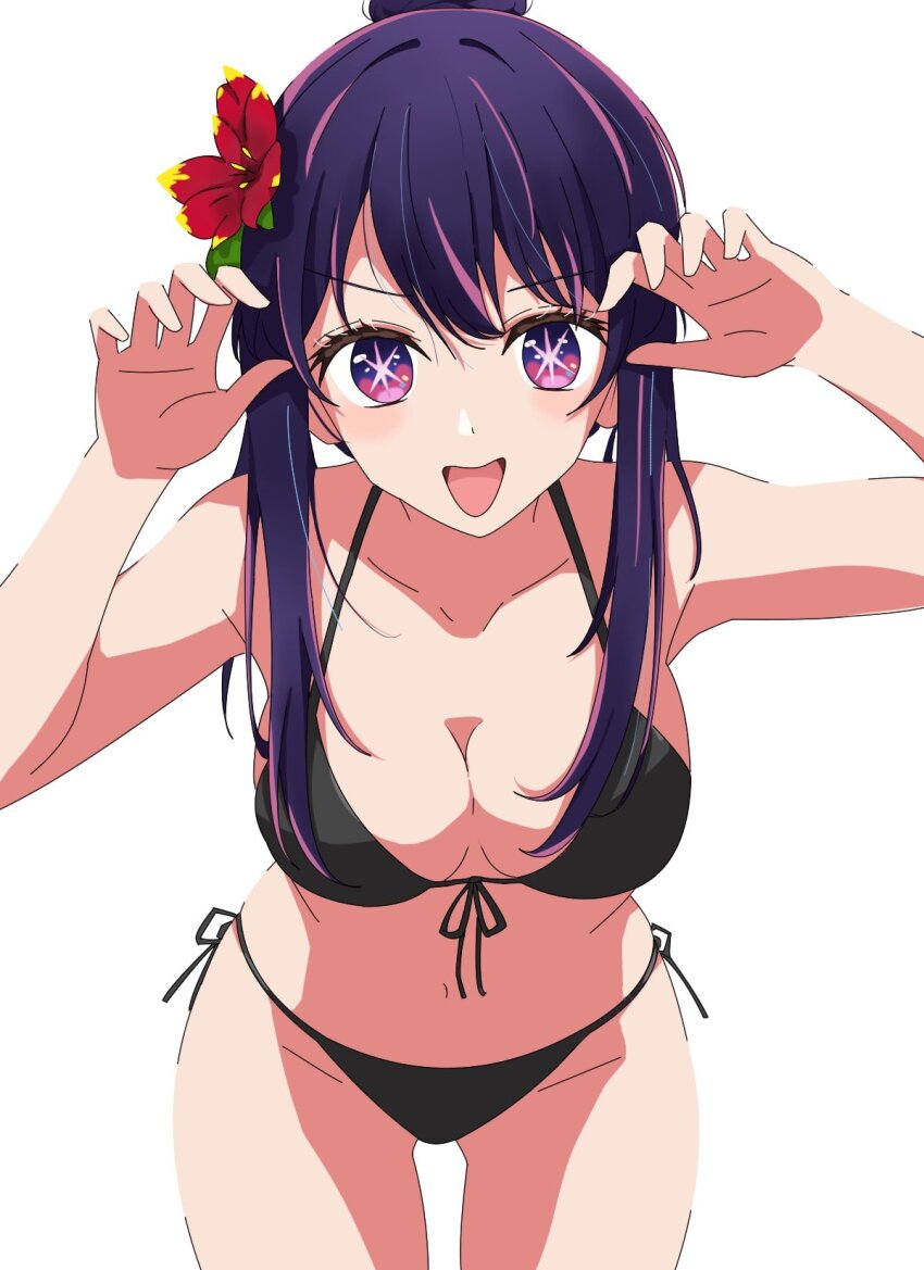 1girl, bikini, black_bikini, breasts, flower, front-tie_bikini_top, front-tie_top, hair_flower