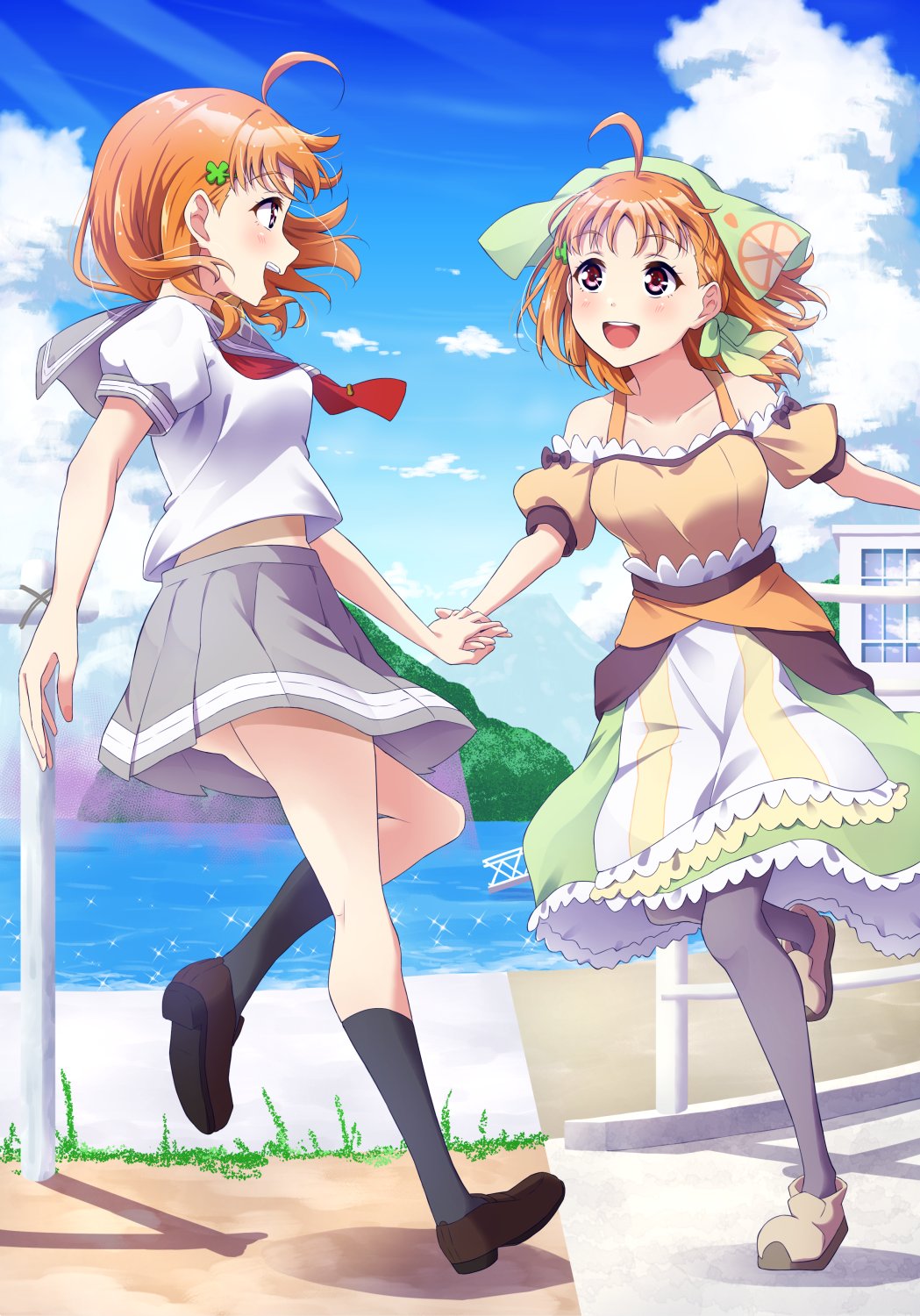 2girls, ahoge, birthday, black_pantyhose, blue_sky, blush, braid, breasts