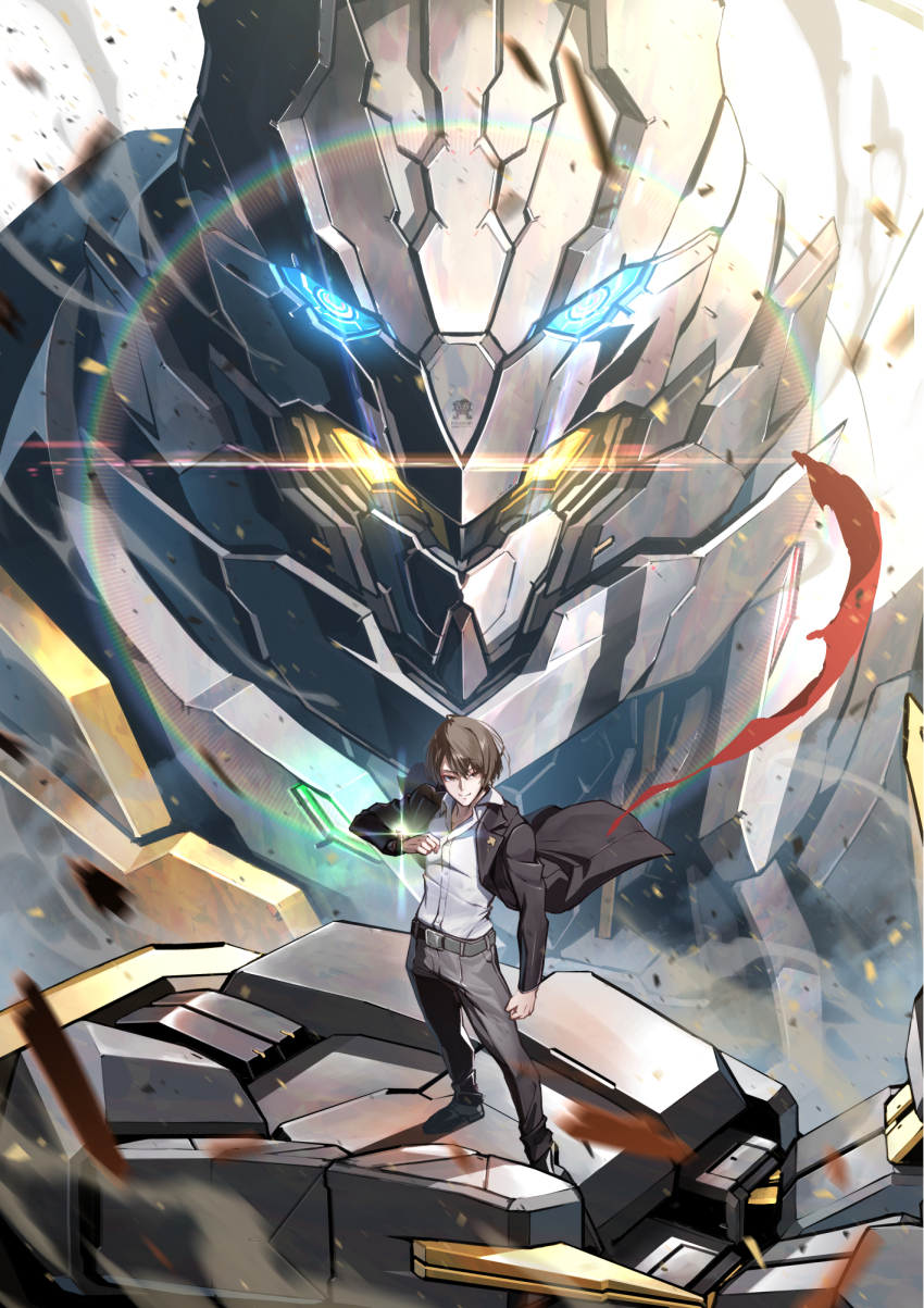 1boy, belt, black_belt, black_jacket, black_pants, blue_eyes, brown_eyes, brown_hair