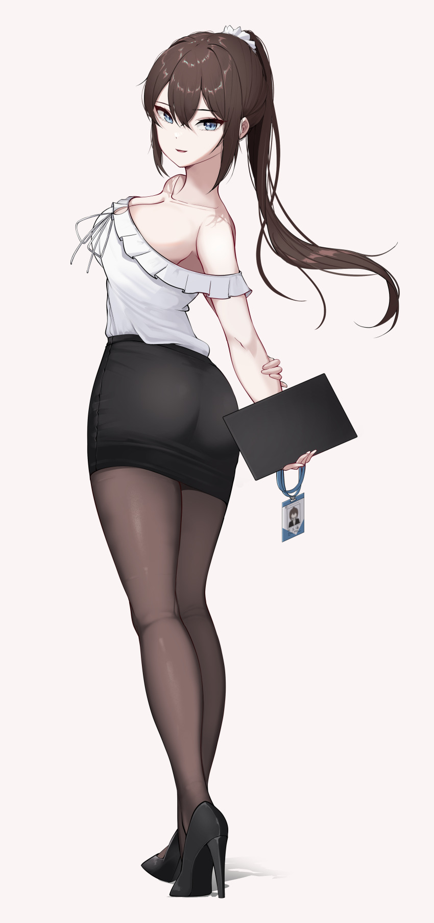 1girl, absurdres, ass, bare_shoulders, black_footwear, black_skirt, blue_eyes, breasts