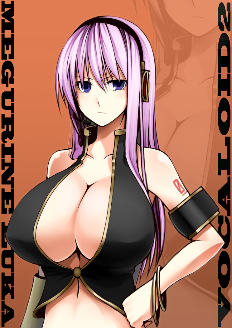 1girl, bad_id, bad_pixiv_id, blue_eyes, breasts, chulain, cleavage, female_focus, hand_on_own_hip, headphones, headset, huge_breasts, kamata_yuuya, long_hair, megurine_luka, pink_hair, solo, vocaloid, zoom_layer