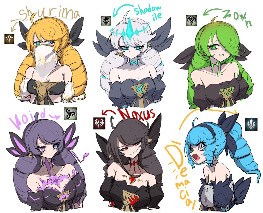 6+girls, absurdres, ahoge, alternate_color, alternate_eye_color, alternate_hair_color, bare_shoulders, black_bow, black_hair, black_sleeves, blonde_hair, blush, bow, breasts, cleavage, collarbone, cropped_torso, demacia_(league_of_legends), detached_sleeves, drill_hair, dual_persona, green_eyes, green_hair, grin, gwen_(league_of_legends), hair_bow, hair_ornament, hair_over_one_eye, highres, large_breasts, league_of_legends, long_hair, looking_at_viewer, monakan_japan, mouth_veil, multiple_girls, multiple_views, noxus_(league_of_legends), open_mouth, ponytail, red_eyes, shurima_(league_of_legends), simple_background, smile, teeth, twin_drills, twintails, upper_body, veil, void_(league_of_legends), white_background, white_hair, zaun_(league_of_legends)