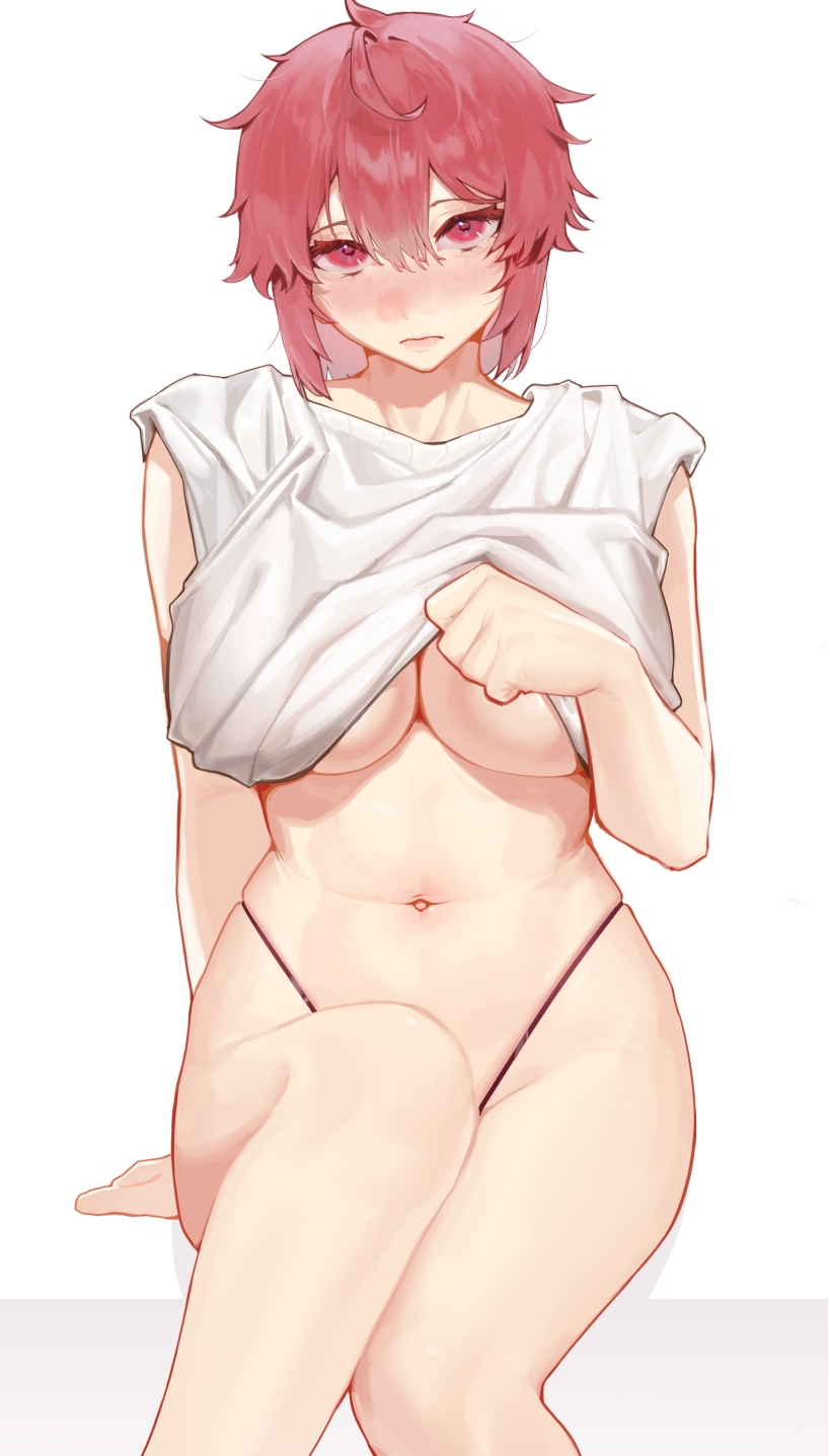 1girl, aizawa_tomo, arm_support, black_panties, blush, breasts, cleavage, clothes_lift, feet_out_of_frame, highleg, highleg_panties, highres, large_breasts, looking_at_viewer, navel, nose_blush, panties, red_eyes, red_hair, rounan58287, shirt, shirt_lift, simple_background, solo, stomach, string_panties, tomo-chan_wa_onna_no_ko, underboob, underwear, white_background, white_shirt