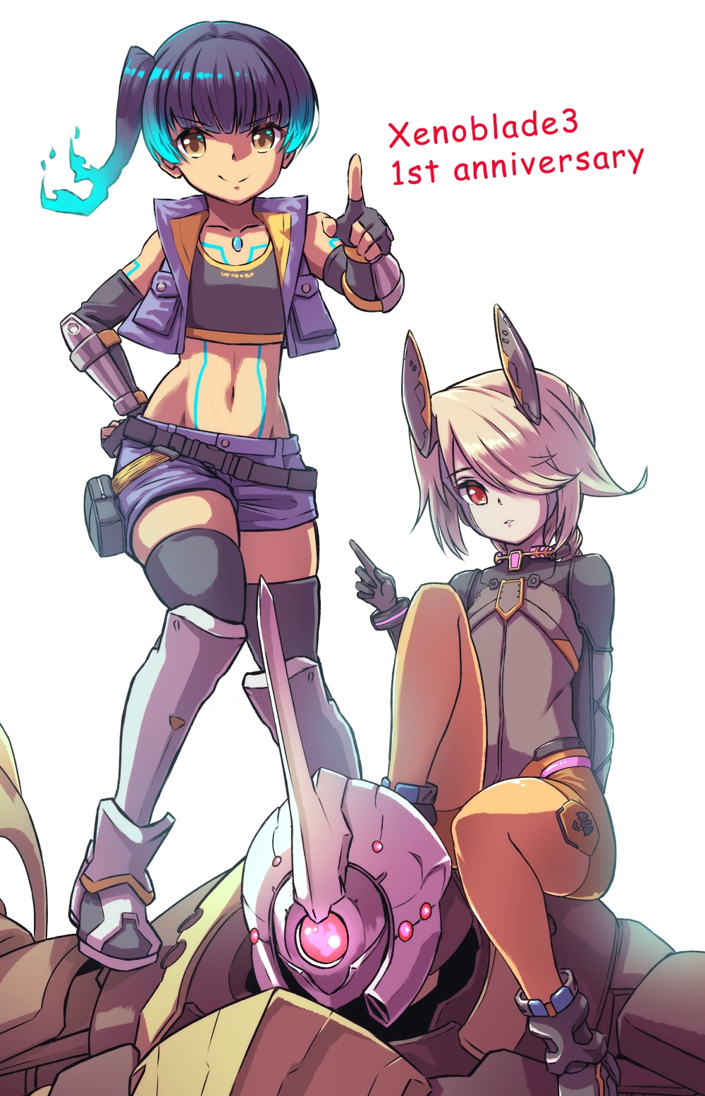 2girls, anniversary, armored_boots, black_footwear, black_gloves, black_hair, black_thighhighs, blue_hair, blue_shorts, blue_vest, boots, breasts, brown_eyes, brown_hair, commentary_request, copyright_name, elbow_gloves, fiery_hair, fingerless_gloves, gloves, gradient_hair, groin, hair_over_one_eye, highres, multicolored_hair, multiple_girls, navel, open_clothes, open_vest, orange_pantyhose, pantyhose, pointing, pointing_at_viewer, red_eyes, ridai_(rx-78-5yori), segiri_(xenoblade), sena_(xenoblade), short_shorts, shorts, side_ponytail, simple_background, sitting, small_breasts, standing, thighhighs, v-shaped_eyebrows, vest, white_background, xenoblade_chronicles_(series), xenoblade_chronicles_3