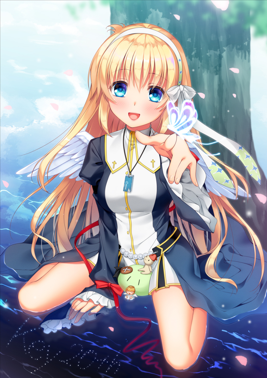 1girl, :d, air_(visual_novel), angel_wings, between_legs, black_dress, blonde_hair, blue_butterfly