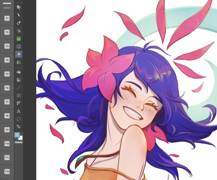 1girl, blush, boraiolet, closed_eyes, flower, grin, hair_flower, hair_ornament