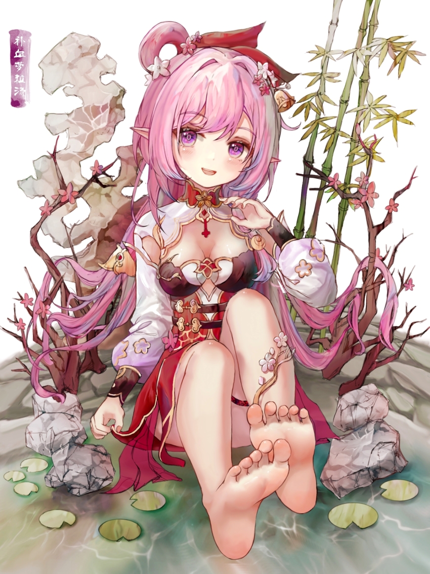 1girl, aged_down, bamboo, barefoot, bell, blush, branch, breasts