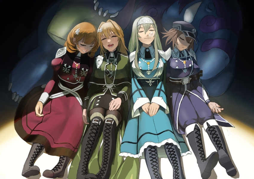 4girls, armor, belt, blonde_hair, boots, brown_hair, closed_eyes, dress