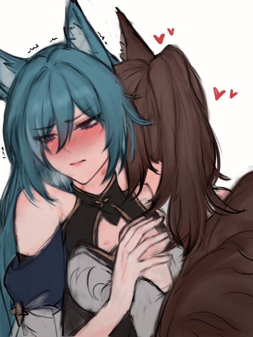 2girls, a_ai_ri, animal_ears, bare_shoulders, blue_hair, blush, brown_hair, fox_ears