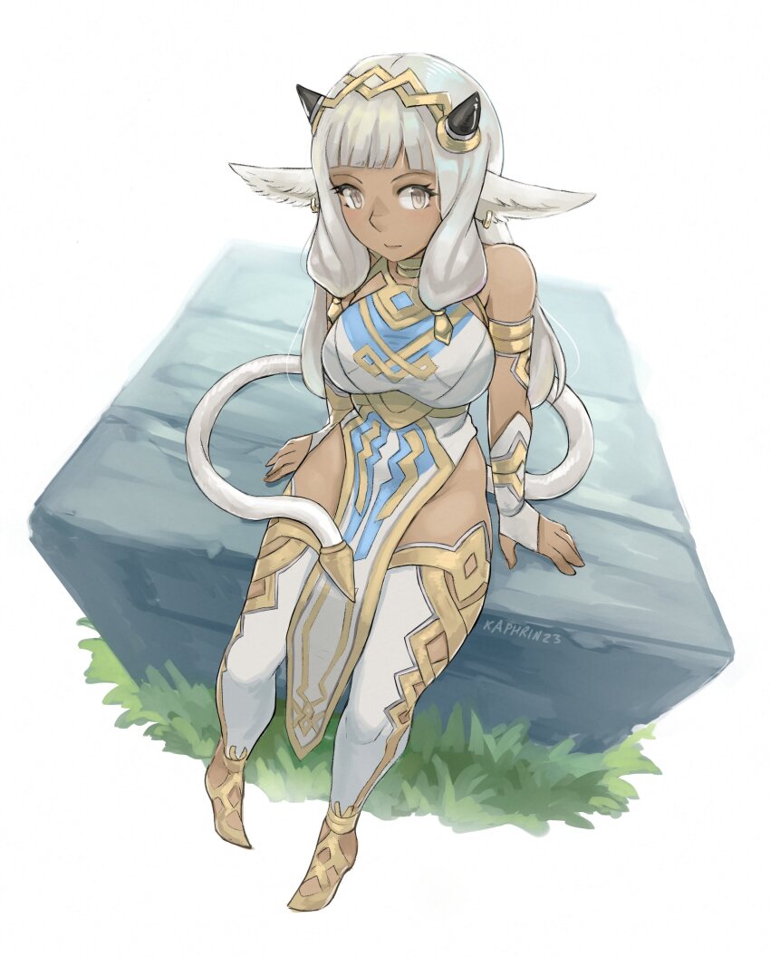 1girl, absurdres, animal_ears, armlet, ash_(fire_emblem), bare_shoulders, breasts, cow_ears, cow_girl, cow_horns, cow_tail, dark-skinned_female, dark_skin, fire_emblem, fire_emblem_heroes, gold_trim, groin, highres, horns, jewelry, kaphrin, large_breasts, long_hair, low-tied_sidelocks, nintendo, pelvic_curtain, sidelocks, sitting, solo, tail, thighhighs, white_hair, white_thighhighs