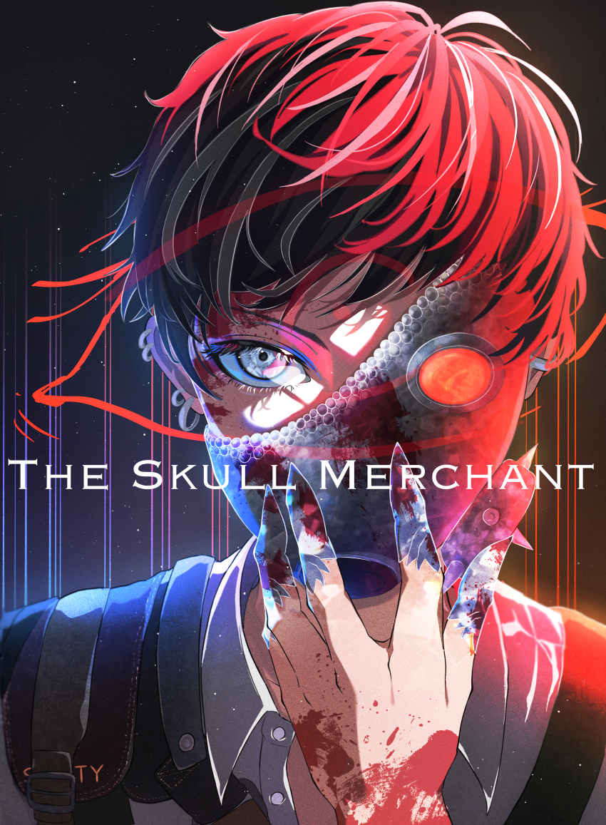 1girl, absurdres, the_skull_merchant_(dead_by_daylight), animification, belt_buckle, black_hair, blood, blood_on_hands