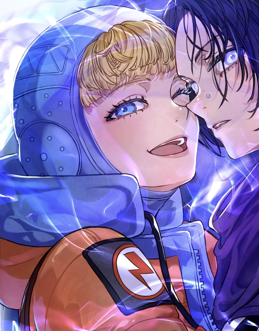 2girls, animification, apex_legends, black_hair, blonde_hair, blue_bodysuit, blue_eyes, blush