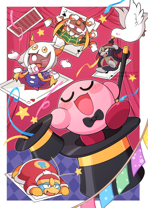 :d, ;d, argyle_background, argyle_clothes, artist_name, bird, black_bow, black_bowtie