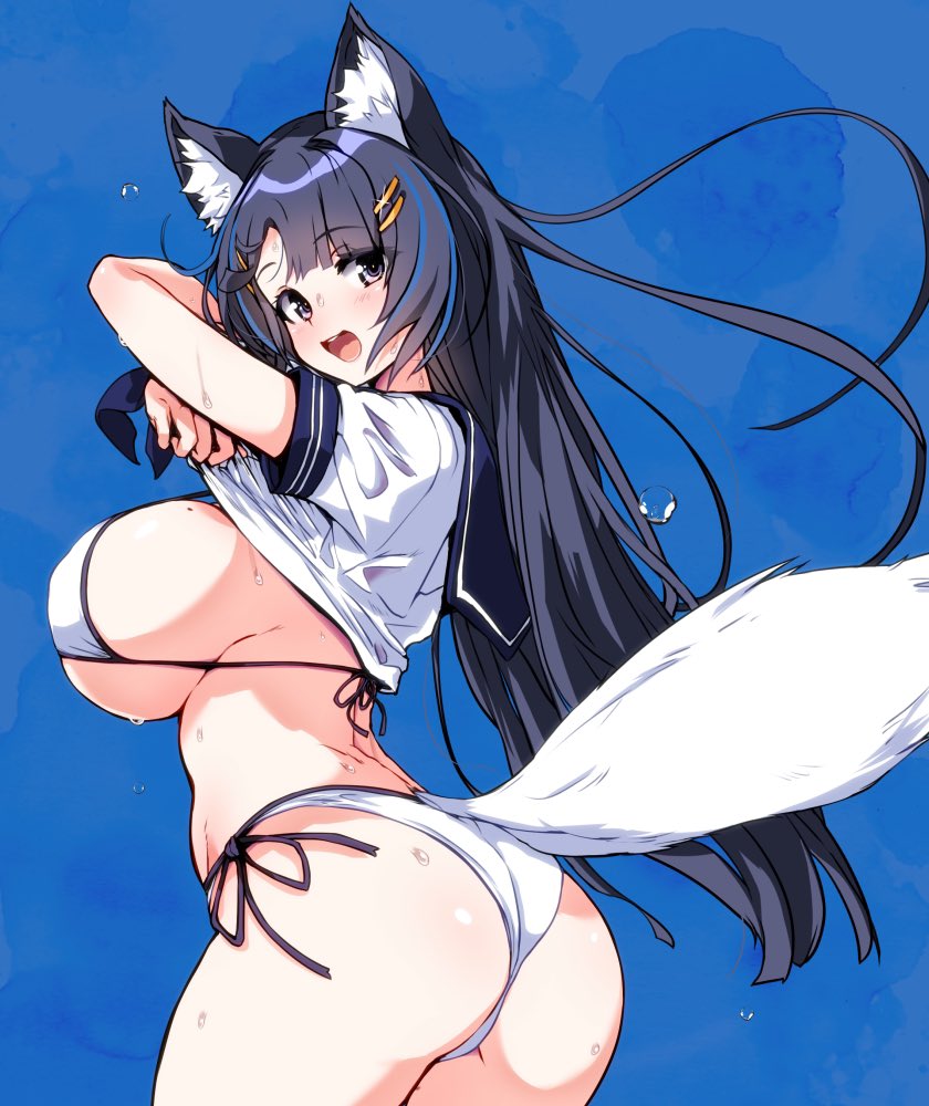 1girl, animal_ears, ass, bikini, bikini_under_clothes, blue_background, breasts, displayer
