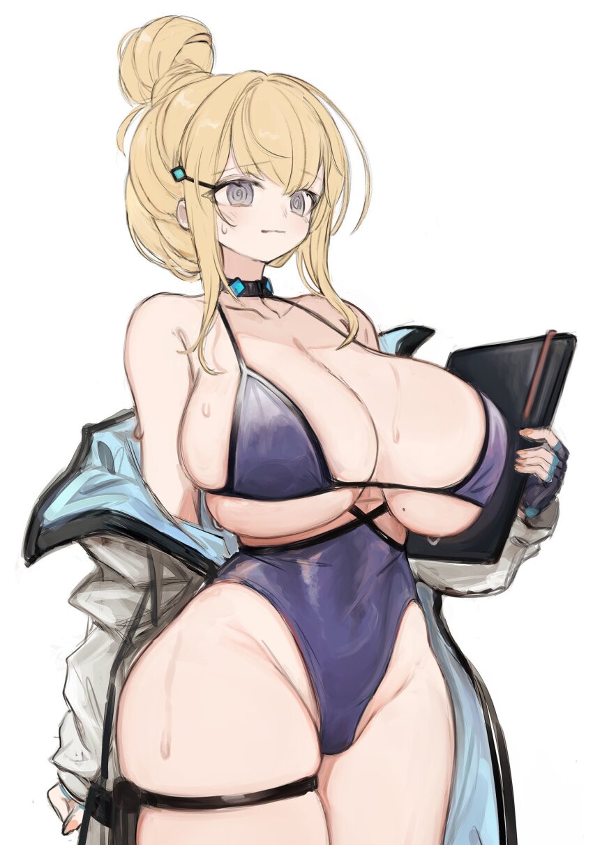 1girl, @_@, bikini, black_choker, black_gloves, blonde_hair, blue_bikini, book, breasts, choker, collarbone, covered_navel, cowboy_shot, fingerless_gloves, fuyu_yafunu, gloves, grey_eyes, grey_jacket, groin, habetrot_(last_origin), hair_behind_ear, hair_bun, hair_ornament, hairclip, highres, holding, holding_book, huge_breasts, jacket, last_origin, nervous, off_shoulder, simple_background, single_hair_bun, skindentation, solo, swimsuit, thigh_strap, white_background