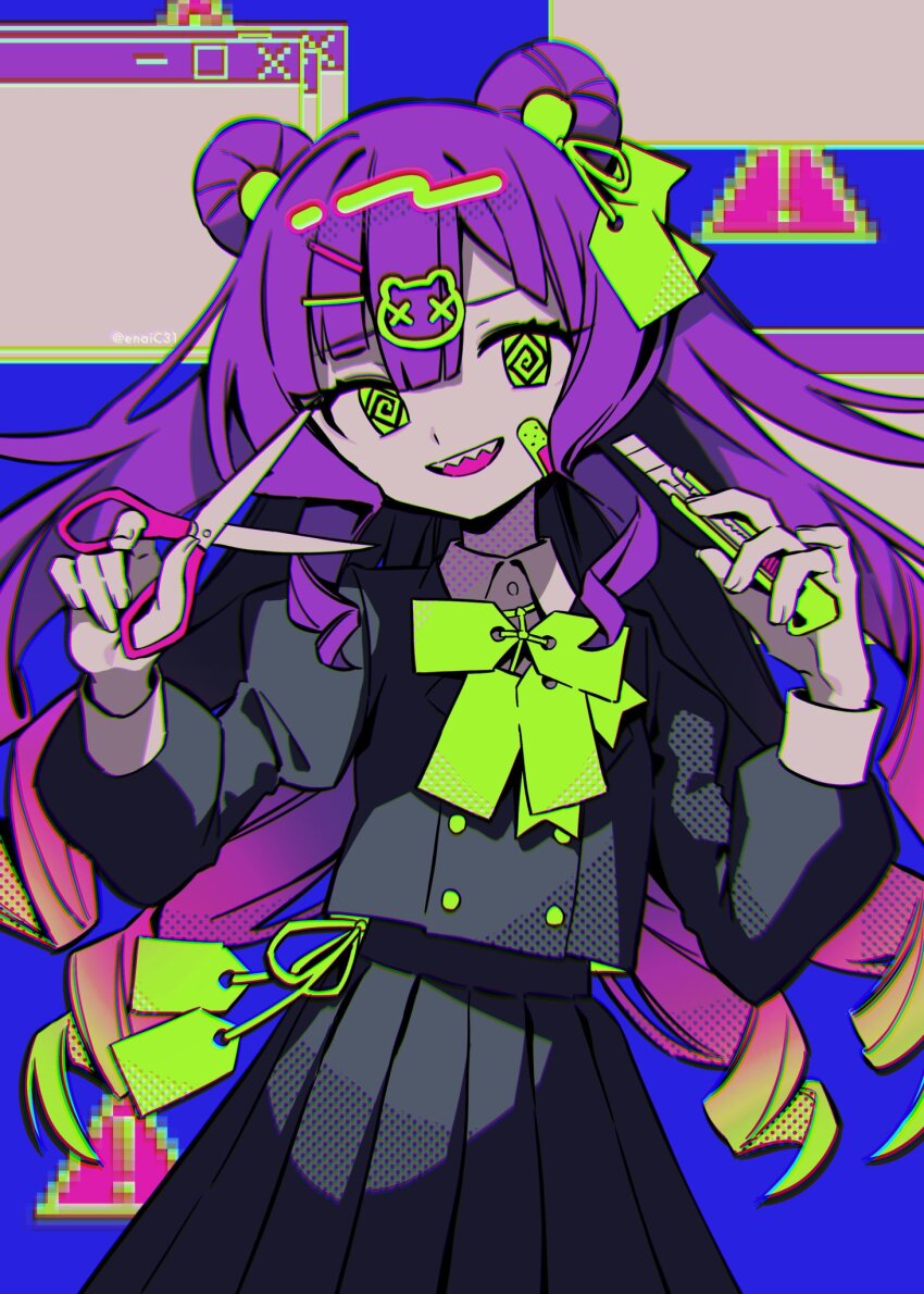 1girl, @_@, bandaid, bandaid_on_cheek, bandaid_on_face, black_jacket, blue_background, boxcutter