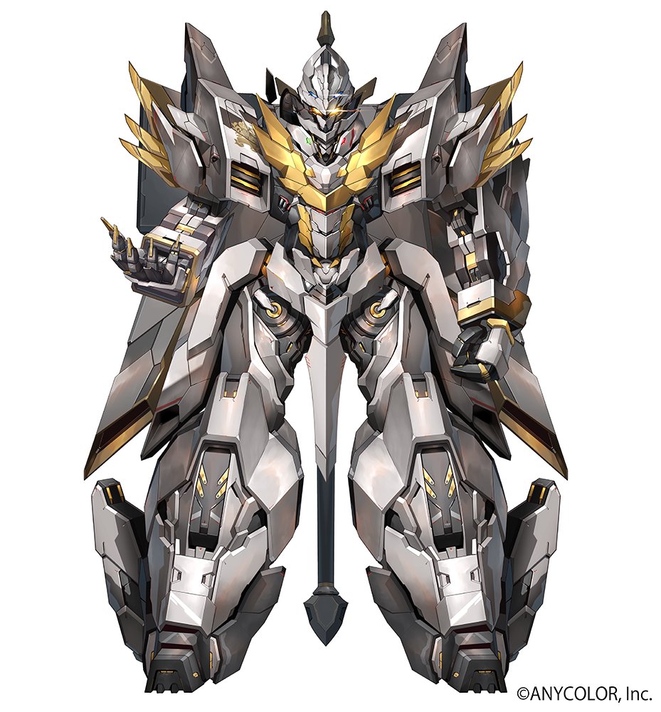 clenched_hand, daikagami_(kagami_hayato), full_body, glowing, glowing_eye, kuri_giepi, looking_at_viewer, mecha, nijisanji, official_art, open_hand, orange_eyes, robot, science_fiction, simple_background, solo, straight-on, white_background