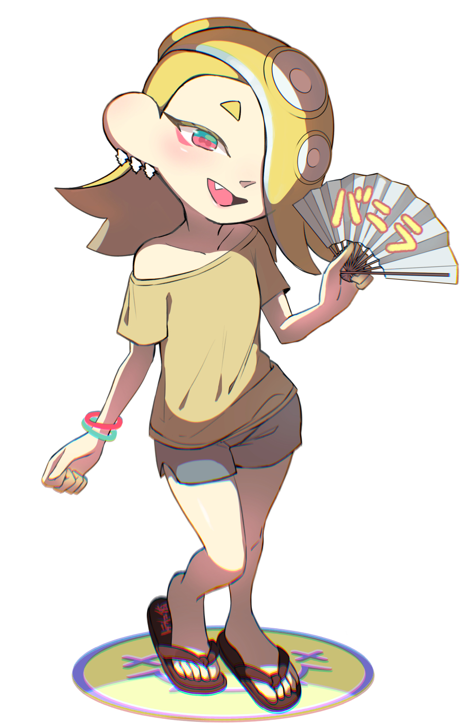 1girl, alternate_color, blonde_hair, bracelet, brown_sandals, ear_piercing, earrings, fang, flip-flops, folding_fan, full_body, hair_over_one_eye, hand_fan, highres, holding, holding_fan, jewelry, minamidena, multiple_bracelets, multiple_earrings, nintendo, octoling, off_shoulder, open_mouth, paper_fan, piercing, sandals, shirt, shiver_(splatoon), shorts, smile, solo, splatoon_(series), splatoon_3, t-shirt, tentacle_hair, tooth_earrings, white_background