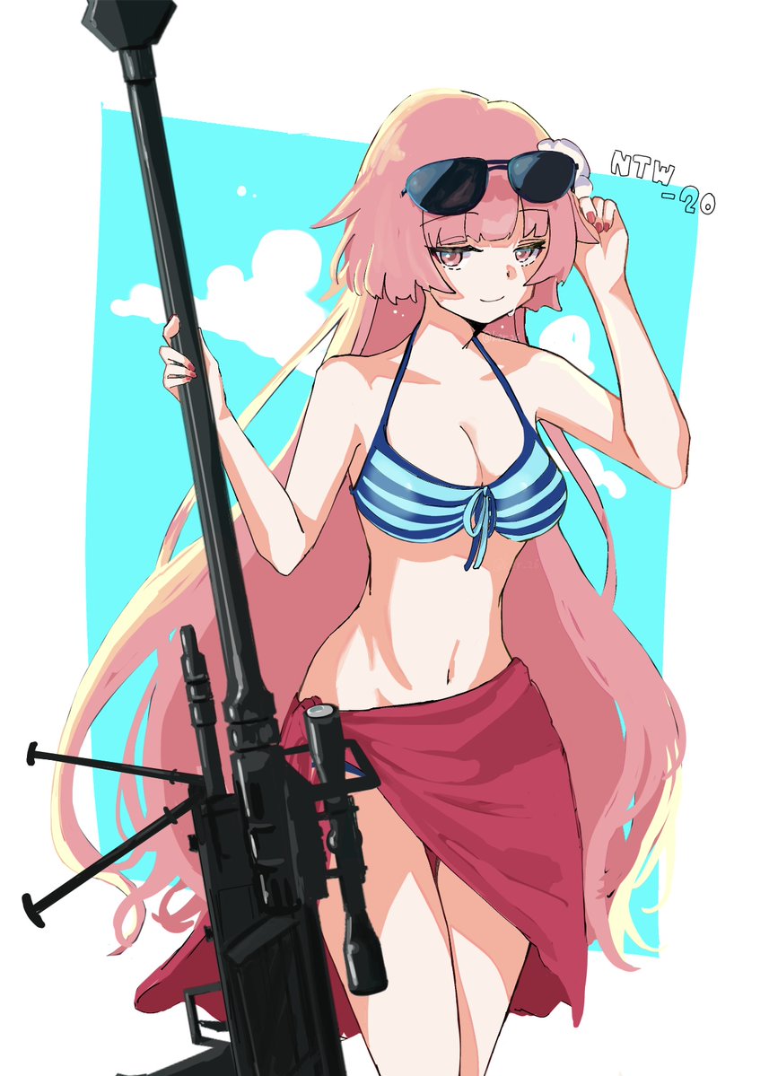 1girl, anti-materiel_rifle, arm_up, bikini, blue_background, breasts, character_name, cleavage, closed_mouth, commentary_request, eyewear_on_head, front-tie_bikini_top, front-tie_top, girls'_frontline, gun, hand_up, holding, holding_gun, holding_weapon, kzr_26, long_hair, medium_breasts, nail_polish, name_connection, navel, ntw-20, ntw-20_(girls'_frontline), ntw-20_(op._blazing_sun)_(girls'_frontline), object_namesake, pink_hair, red_eyes, red_nails, rifle, sarong, scope, smile, sniper_rifle, solo, striped_bikini, striped_clothes, sunglasses, swimsuit, two-tone_background, very_long_hair, weapon, white_background