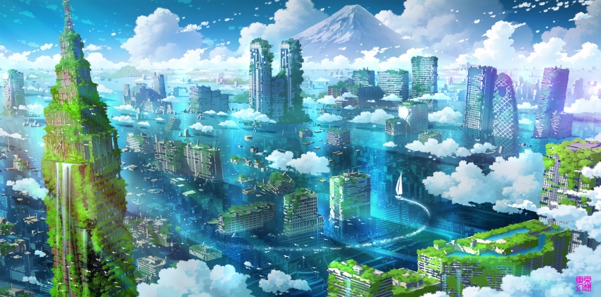 abandoned, absurdres, blue_sky, boat, building, cloud, cloudy_sky, commentary_request