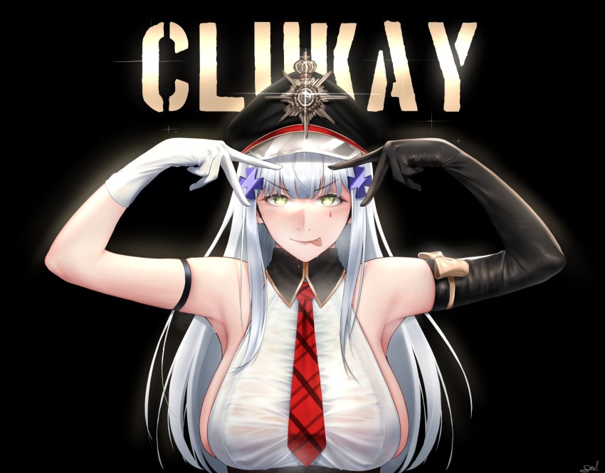 1girl, armpits, arms_up, artist_name, asymmetrical_gloves, black_background, black_gloves, black_headwear, blue_hair, breasts, character_name, closed_mouth, clukay_(aflame_accent)_(neural_cloud), clukay_(neural_cloud), elbow_gloves, facial_mark, girls'_frontline, girls'_frontline_neural_cloud, gloves, green_eyes, highres, hk416_(girls'_frontline), large_breasts, lips, long_hair, looking_at_viewer, necktie, parted_lips, red_necktie, shirt, sidelocks, single_elbow_glove, smile, smolxeno, solo, star-shaped_pupils, star_(symbol), sweat, sweatdrop, symbol-shaped_pupils, tattoo, teardrop_facial_mark, teardrop_tattoo, tongue, tongue_out, upper_body, v, white_gloves, white_shirt