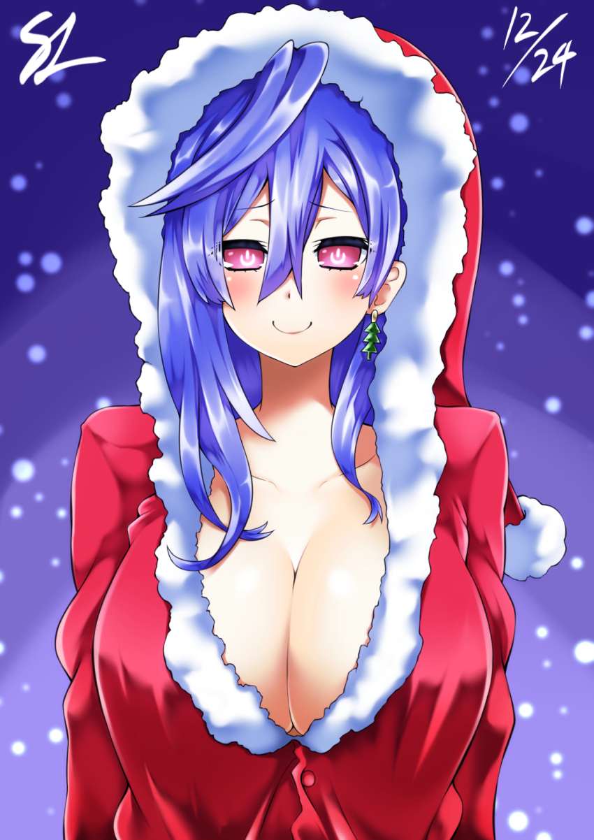 1girl, blue_hair, breasts, christmas_tree_earrings, happy, hat, highres, iris_heart_(neptunia)