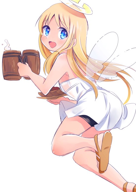 1other, alcohol, androgynous, angel, angel_wings, bare_shoulders, beer, beer_mug
