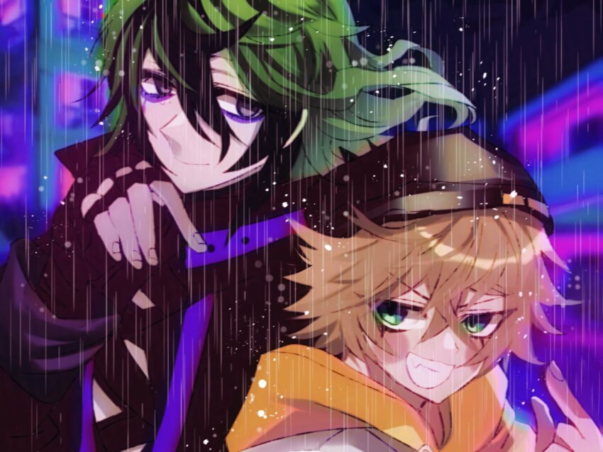 2boys, bandaged_chest, beanie, black_hair, black_headwear, blonde_hair, blush, closed_mouth