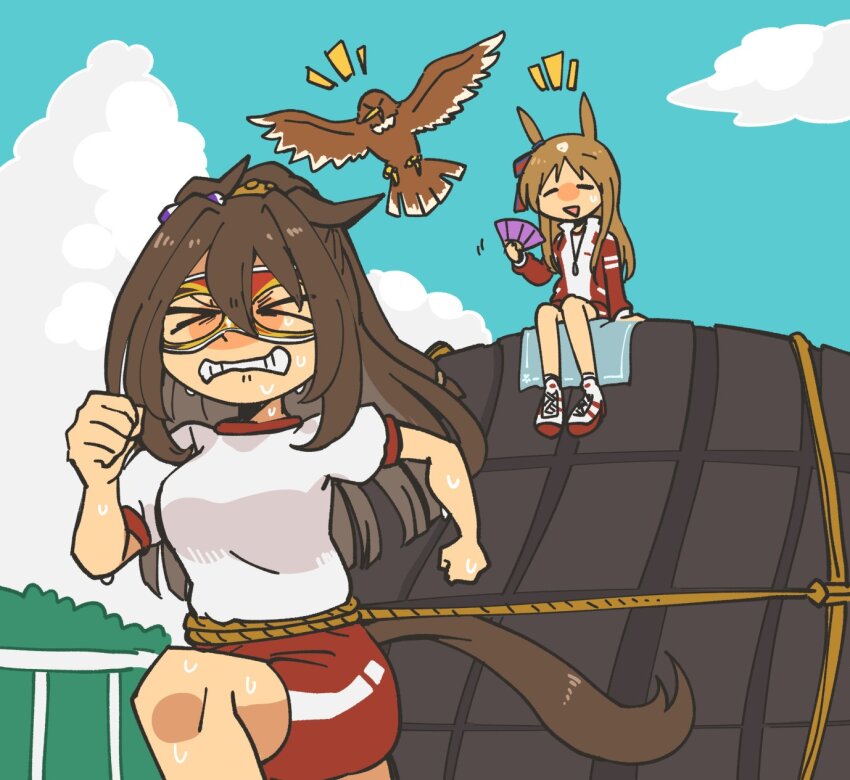 animal_ears, bird, blue_eyes, brown_hair, closed_eyes, domino_mask, el_condor_pasa_(umamusume), eye_mask